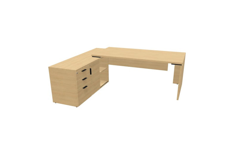 Bureau de direction d'angle Kara 180 cm finition Chêne Naturel avec meuble de rangement positionné à gauche.