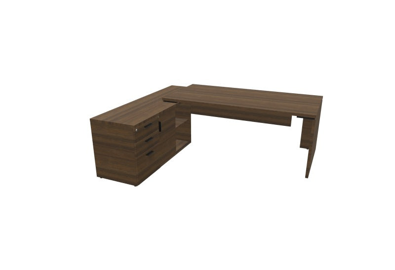 Bureau de direction d'angle Kara 180 cm finition Noyer Brun avec meuble de rangement positionné à gauche.