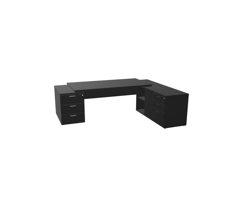 Bureau de direction d'angle Kara finition Bois Noir avec meuble de rangement intégré et caisson à tiroirs. A droite