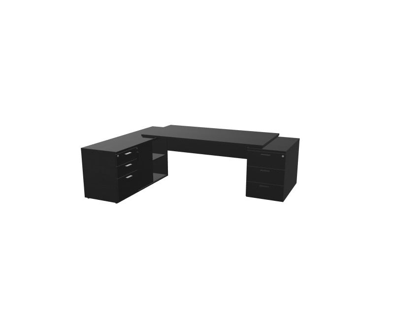Bureau de direction d'angle Kara finition Bois Noir avec meuble de rangement intégré et caisson à tiroirs. A gauche