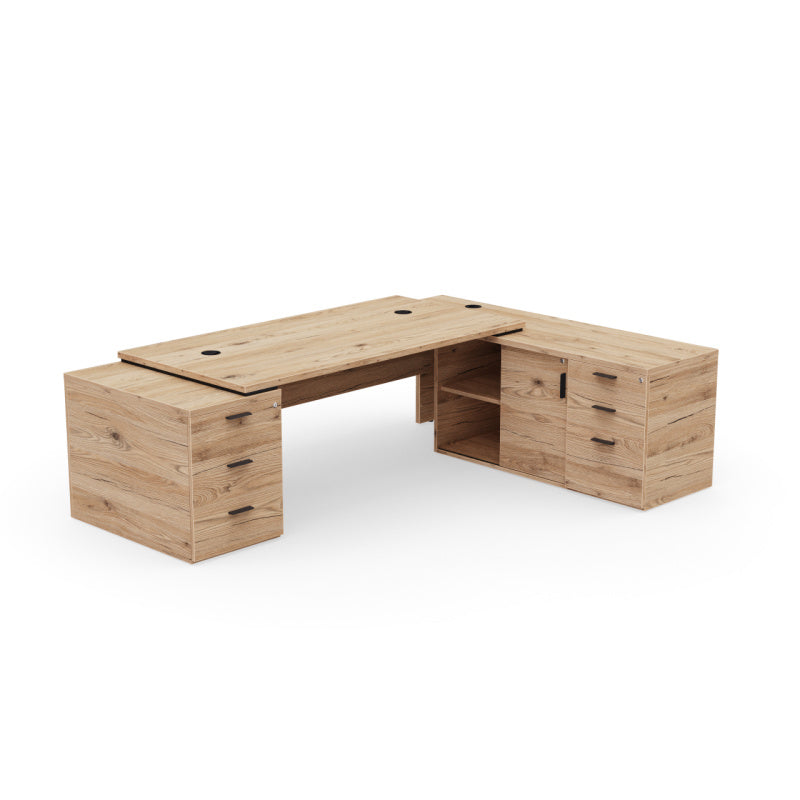 Bureau de direction d'angle Kara finition Chêne Brunswick avec meuble de rangement intégré et caisson à tiroirs. A droite