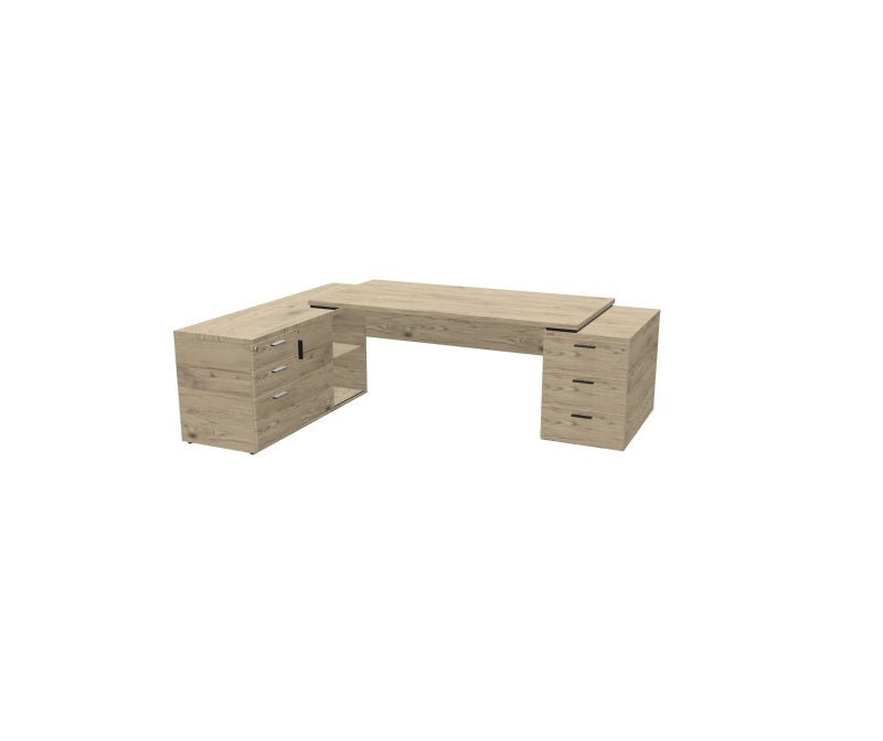 Bureau de direction d'angle Kara finition Chêne Brunswick avec meuble de rangement intégré et caisson à tiroirs. A gauche