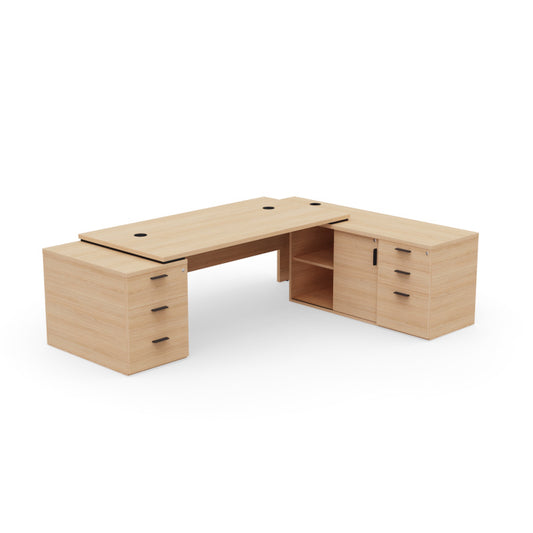 Bureau de direction d'angle Kara finition Chêne Naturel avec meuble de rangement intégré et caisson à tiroirs. A droite