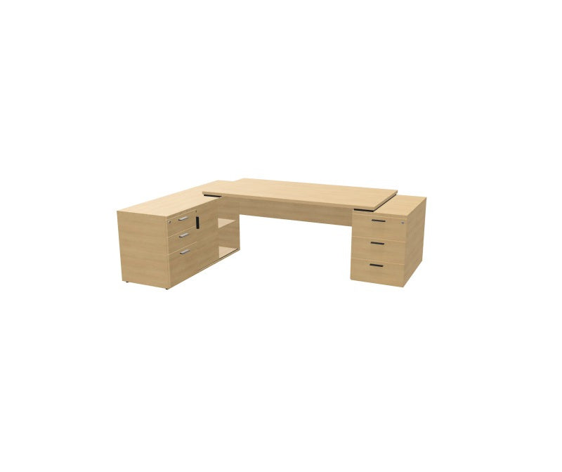 Bureau de direction d'angle Kara finition Chêne Naturel avec meuble de rangement intégré et caisson à tiroirs. A gauche