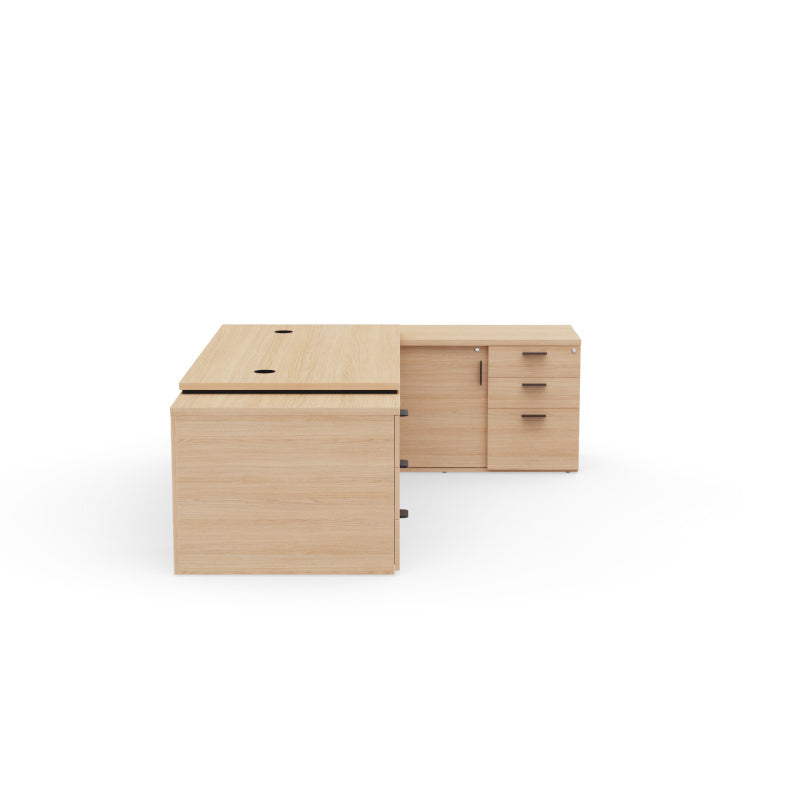 Bureau de direction d'angle Kara finition Chêne Naturel avec meuble de rangement intégré et caisson à tiroirs. Vue de cote