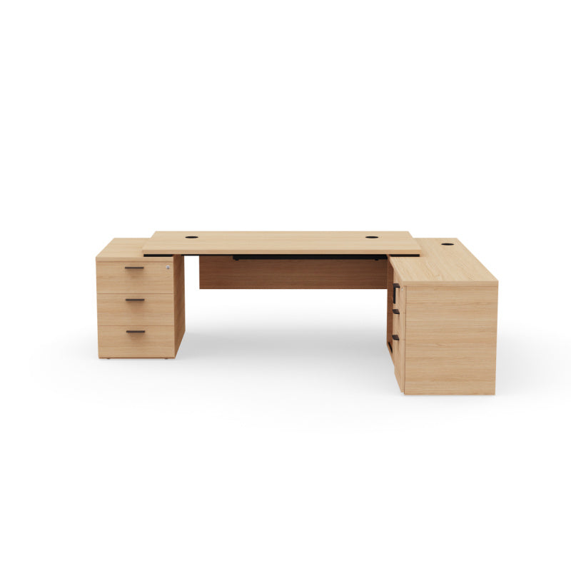 Bureau de direction d'angle Kara finition Chêne Naturel avec meuble de rangement intégré et caisson à tiroirs. Vue de face