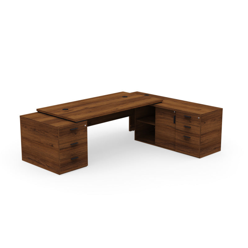 Bureau de direction d'angle Kara finition Noyer Brun avec meuble de rangement intégré et caisson à tiroirs. A droite