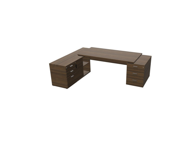 Bureau de direction d'angle Kara finition Noyer Brun avec meuble de rangement intégré et caisson à tiroirs. A gauche