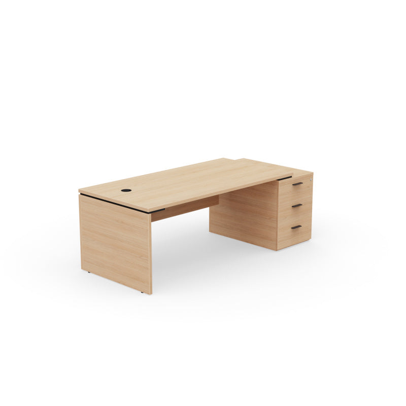 Bureau de direction Kara finition Chêne Naturel avec caisson porteur à 3 tiroirs positionné à droite.