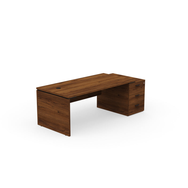 Bureau de direction Kara finition Noyer Brun avec caisson porteur à 3 tiroirs positionné à droite.