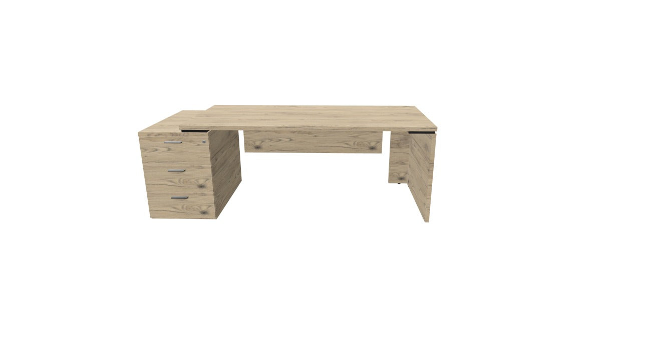 Bureau de direction Kara finition Chêne Brunswick avec caisson porteur à 3 tiroirs positionné à gauche.