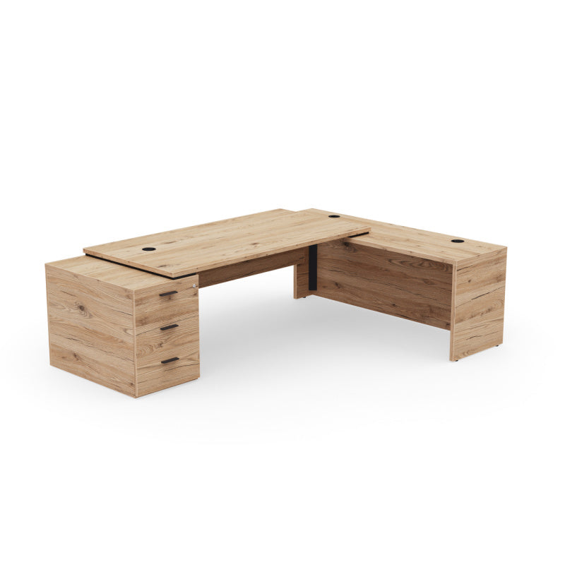 Bureau de direction d'angle Kara finition Chêne Brunswick avec retour et caisson à 3 tiroirs à droite.