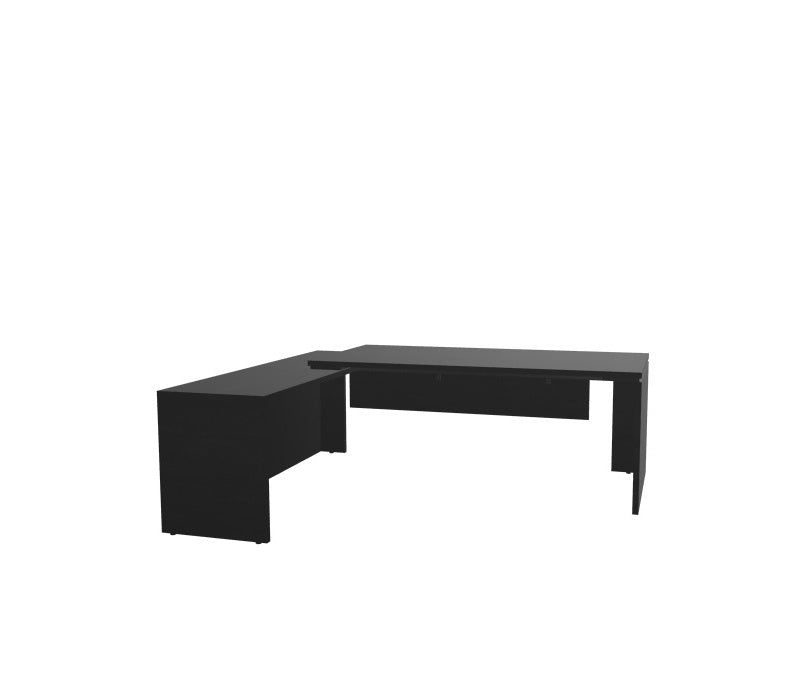 Bureau de direction d'angle Kara finition Bois Noir avec panneau de retour positionné à gauche.