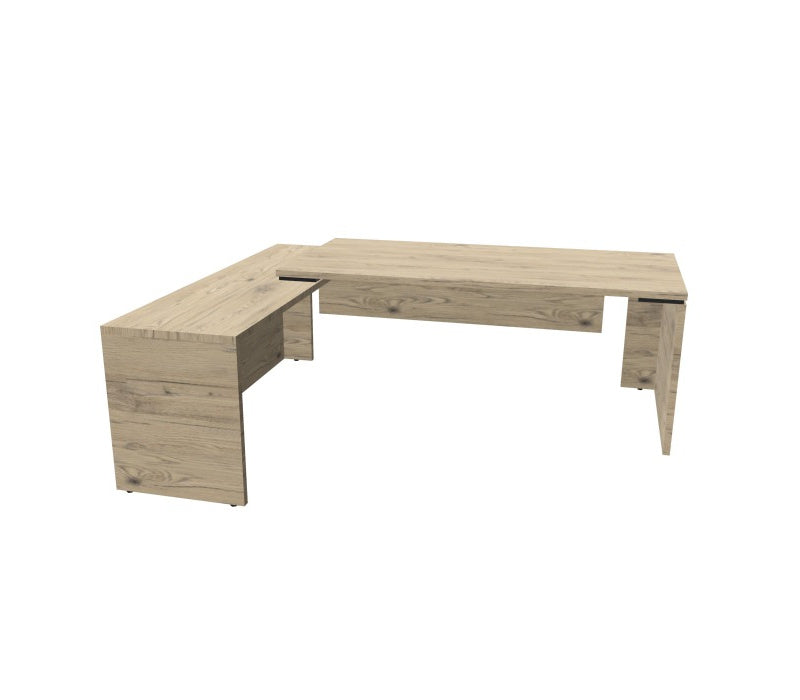 Bureau de direction d'angle Kara finition Chêne Brunswick avec panneau de retour positionné à gauche.