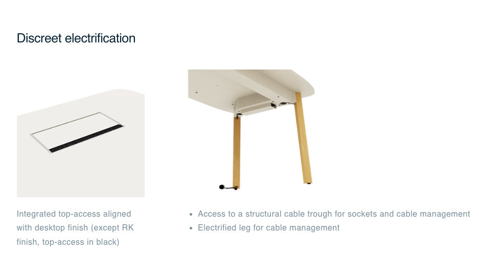 Système d'électrification discret du bureau Karl avec trappe d'accès intégrée au plateau, goulotte structurelle et pied électrifié pour une gestion invisible des câbles.