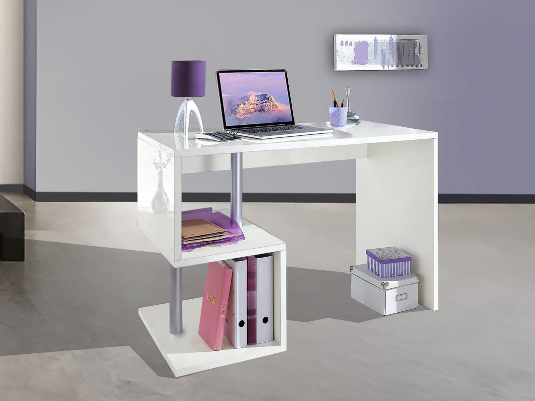 Bureau de travail moderne en forme de S avec étagères de rangement 100cm, finition blanc brillant, modèle Esse par Office Luxe.