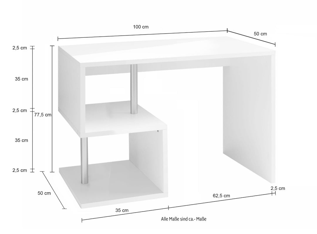 Bureau de travail moderne en forme de S avec étagères de rangement 100cm, finition blanc brillant, modèle Esse par Office Luxe. Dimensions