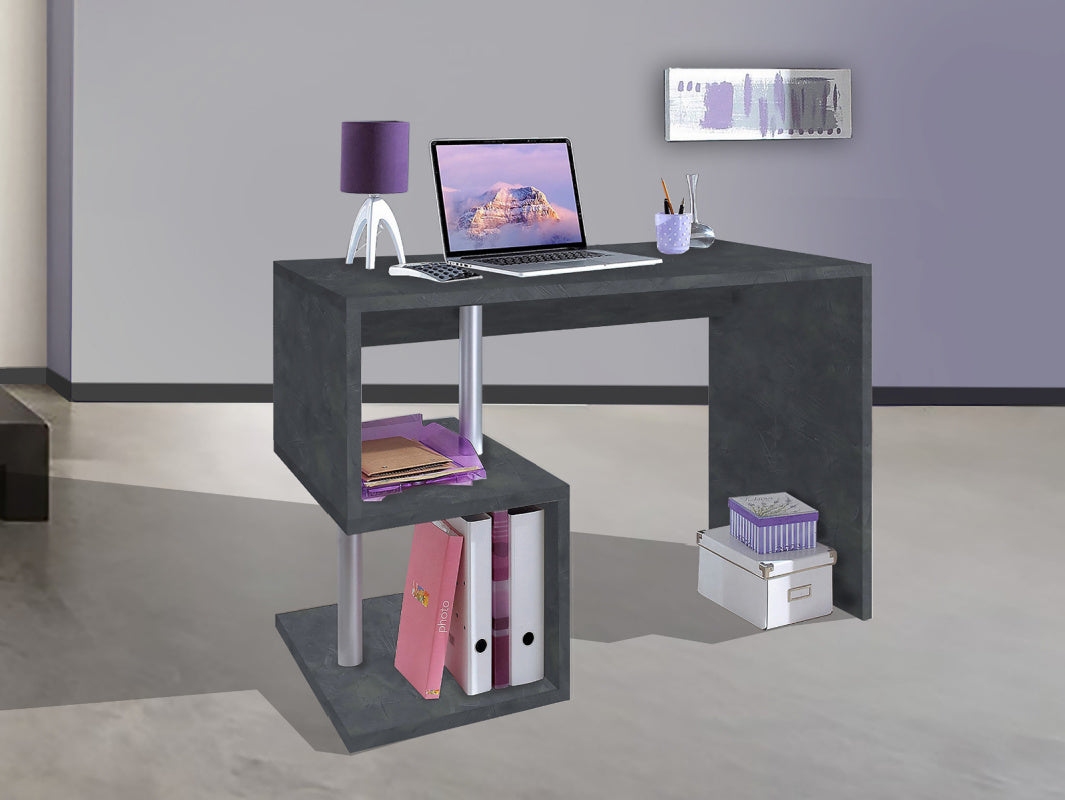 Bureau de travail moderne en forme de S avec étagères de rangement 100cm, finition gris ardoise, modèle Esse par Office Luxe. 