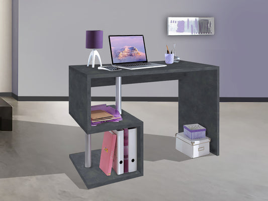 Bureau de travail moderne en forme de S avec étagères de rangement 100cm, finition gris ardoise, modèle Esse par Office Luxe. 