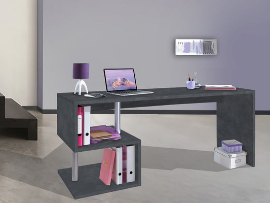 Bureau de travail moderne et spacieux en forme de S avec étagères de rangement 180cm, finition gris ardoise, modèle Esse par Office Luxe.