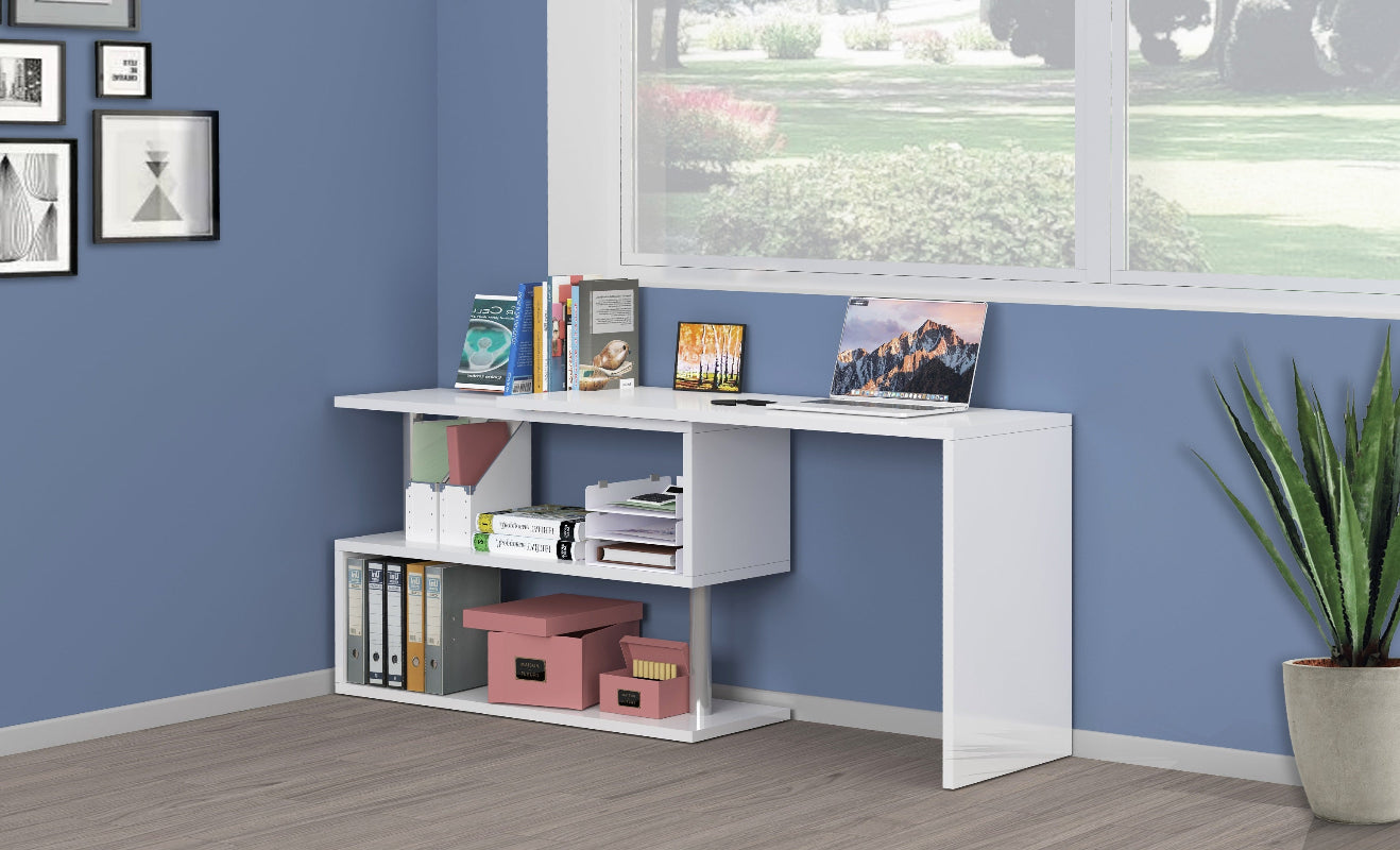 Bureau de travail pivotant moderne avec plateau en S et étagères de rangement ouvertes de 120 à 179cm, finitions au choix, modèle Volta par Office Luxe. Blanc brillant