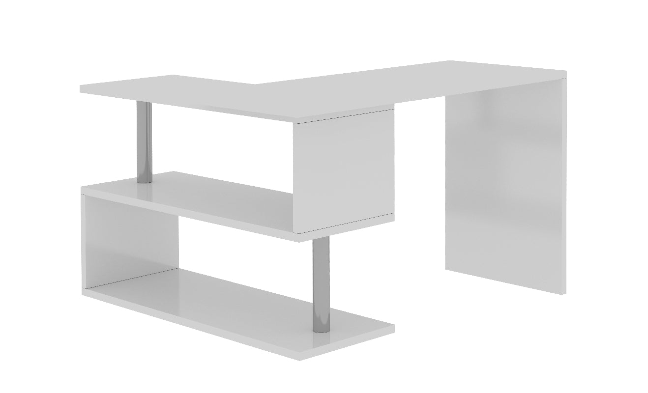 Bureau de travail pivotant moderne avec plateau en S et étagères de rangement ouvertes de 120 à 179cm, finitions au choix, modèle Volta par Office Luxe. Blanc brillant de devant 