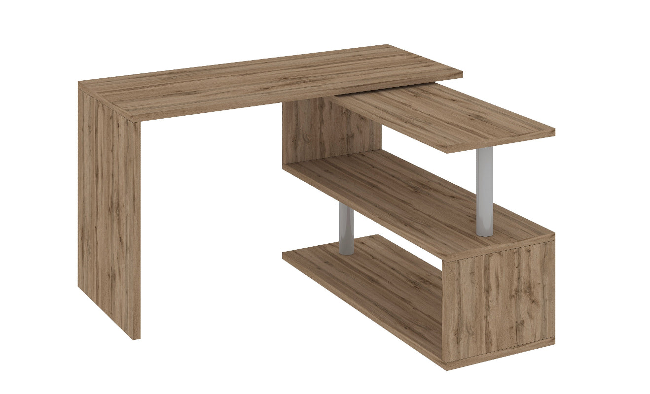 Bureau de travail pivotant moderne avec plateau en S et étagères de rangement ouvertes de 120 à 179cm, finitions au choix, modèle Volta par Office Luxe. Chene wotan de derriere