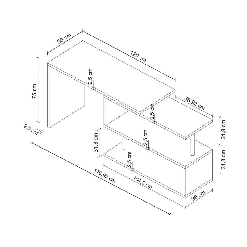 Bureau de travail pivotant moderne avec plateau en S et étagères de rangement ouvertes de 120 à 179cm, finitions au choix, modèle Volta par Office Luxe. Dimensions 