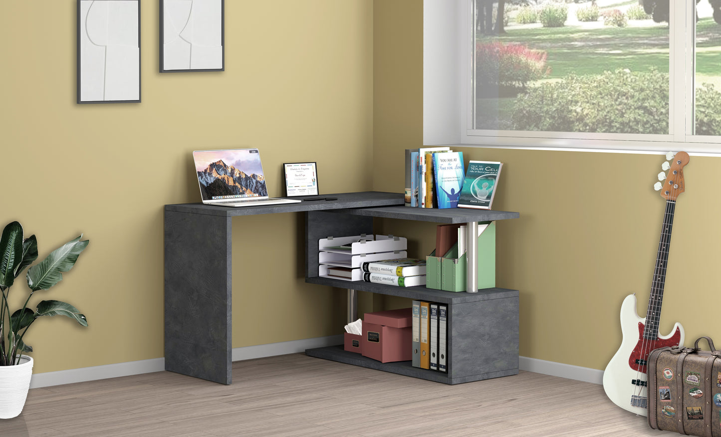 Bureau de travail pivotant moderne avec plateau en S et étagères de rangement ouvertes de 120 à 179cm, finitions au choix, modèle Volta par Office Luxe. Gris ardoise