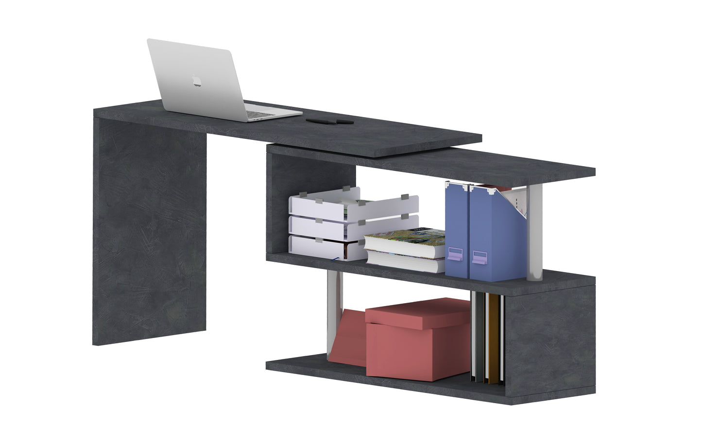 Bureau de travail pivotant moderne avec plateau en S et étagères de rangement ouvertes de 120 à 179cm, finitions au choix, modèle Volta par Office Luxe. Gris ardoise de cote