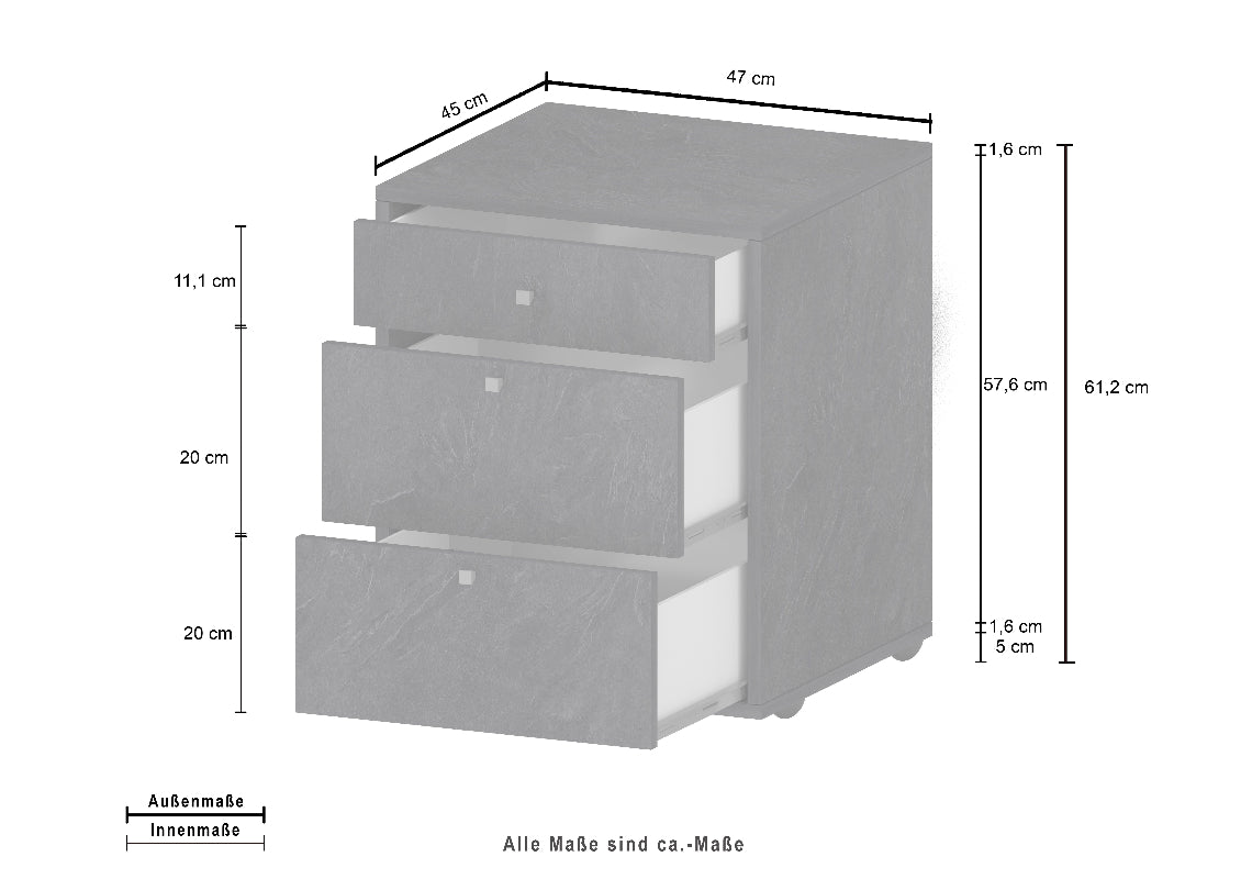Caisson de bureau mobile avec 3 tiroirs et roulettes pivotantes 47cm, modèle Dalia par Office Luxe. Dimensions