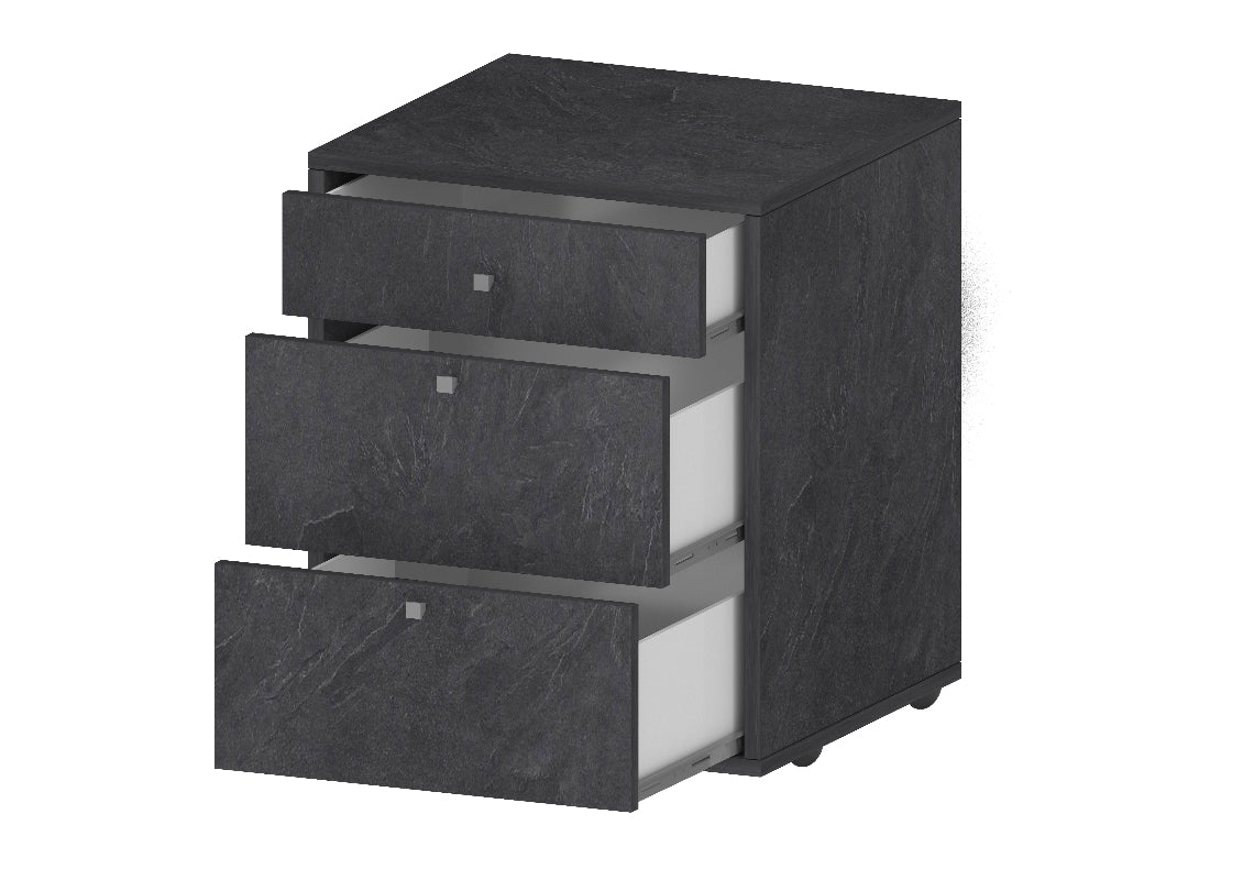 Caisson de bureau mobile avec 3 tiroirs et roulettes pivotantes 47cm, modèle Dalia par Office Luxe. Gris ardoise ouvert 