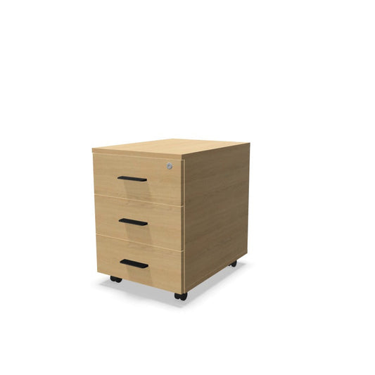 Caisson de bureau mobile Mélina en mélamine avec 3 tiroirs, poignées noir et roulettes. Chêne Naturel