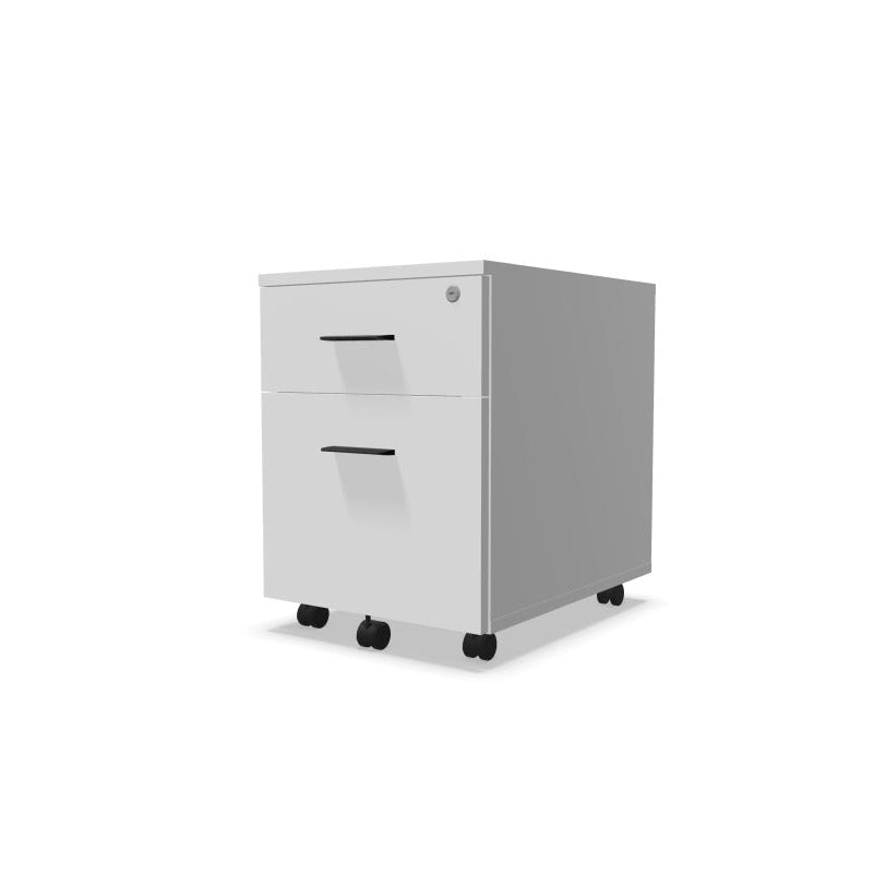 Caisson de bureau mobile 2 tiroirs Mélina en finition Blanc Neige avec poignées noires.