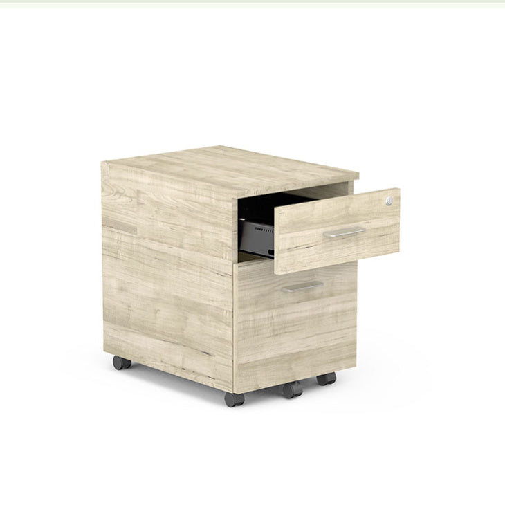 Caisson de bureau mobile 2 tiroirs Mélina en finition Chêne Brunswick avec poignées blanches, vue avec le tiroir supérieur ouvert.