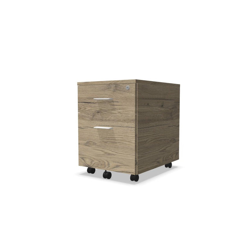 Caisson de bureau mobile 2 tiroirs Mélina en finition Chêne Brunswick avec poignées blanches.
