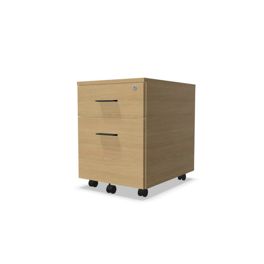 Caisson de bureau mobile 2 tiroirs Mélina en finition Chêne Naturel avec poignées noires.