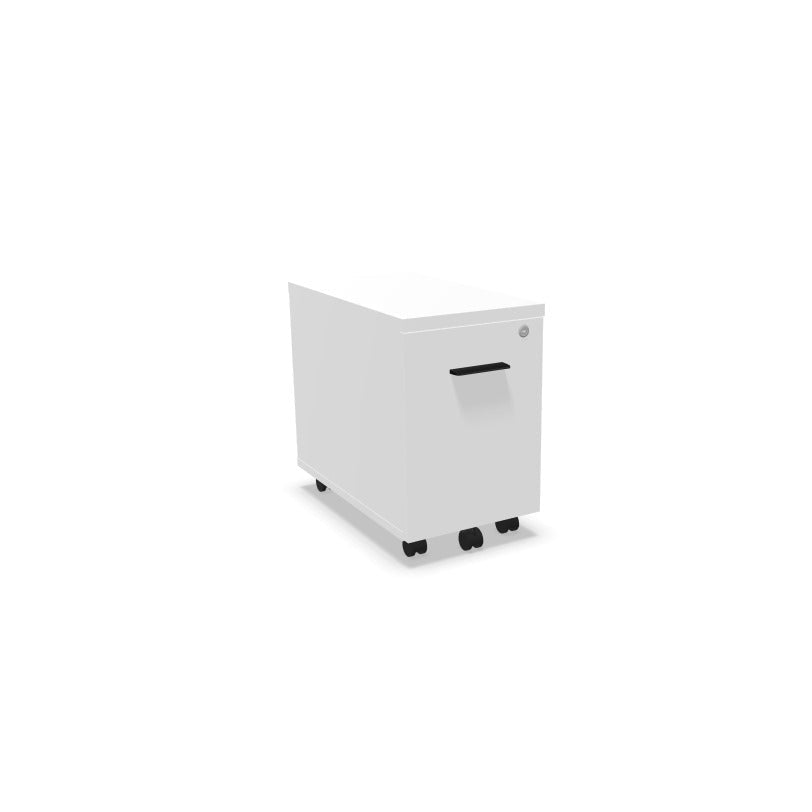 Caisson de bureau mobile compact 1 tiroir Mélina en finition Blanc Neige avec poignées noires.