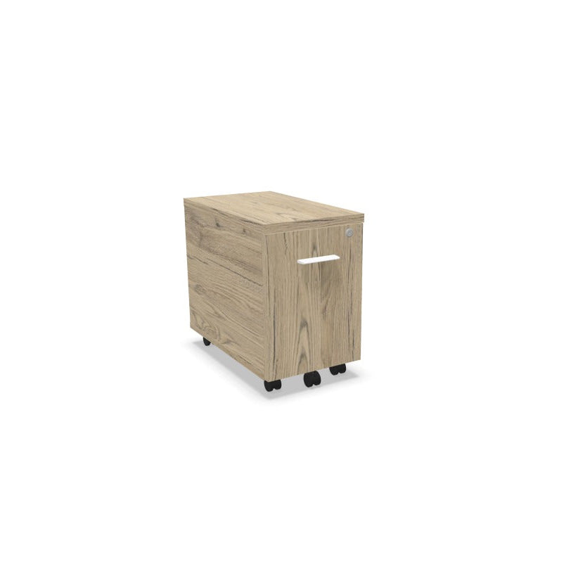 Caisson de bureau mobile compact 1 tiroir Mélina en finition Chêne Brunswick avec poignées blanches.