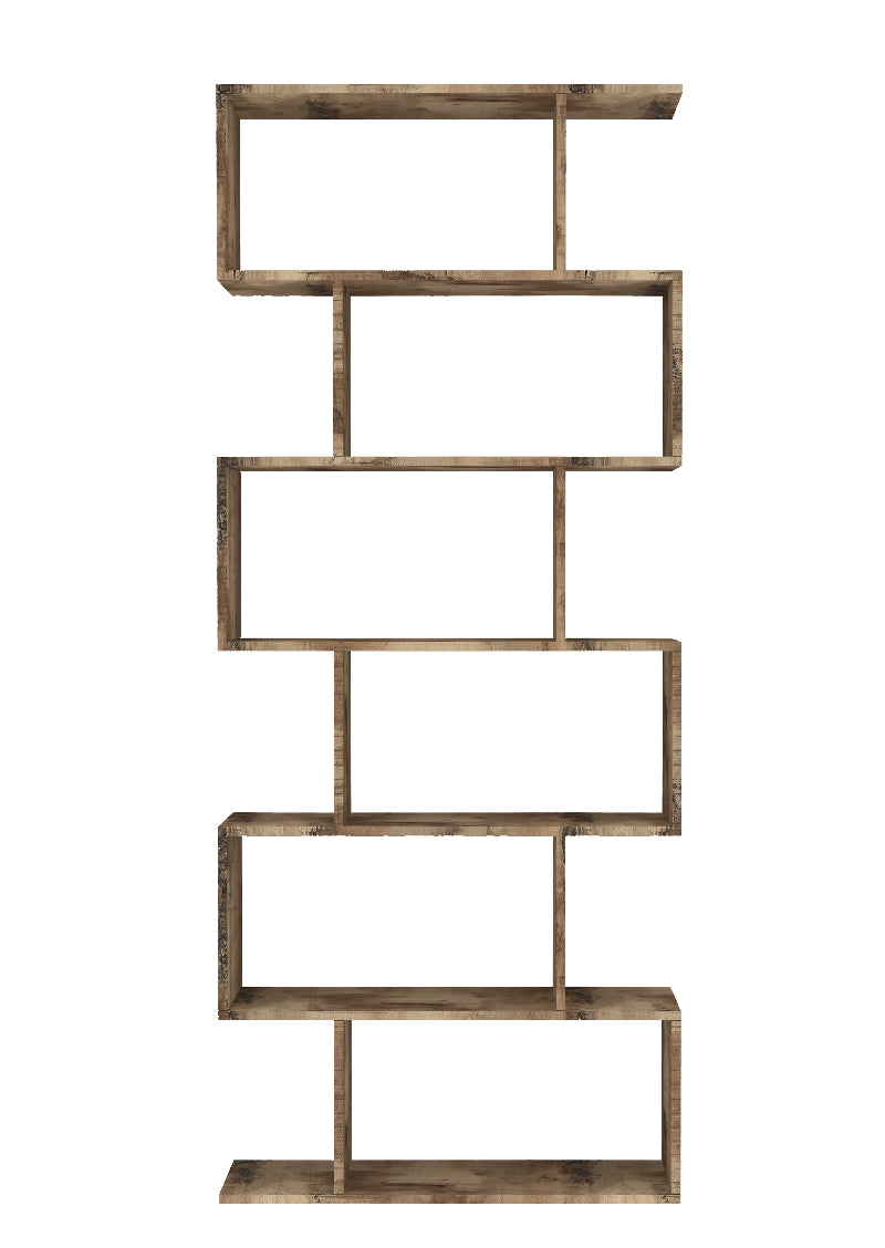 CALLI Vertical Bookcase by Web Furniture, featuring a tall, narrow profile with multiple open shelves. Ideal for space-saving storage and decorative display in small offices or living areas. Front view, pereira maple. 