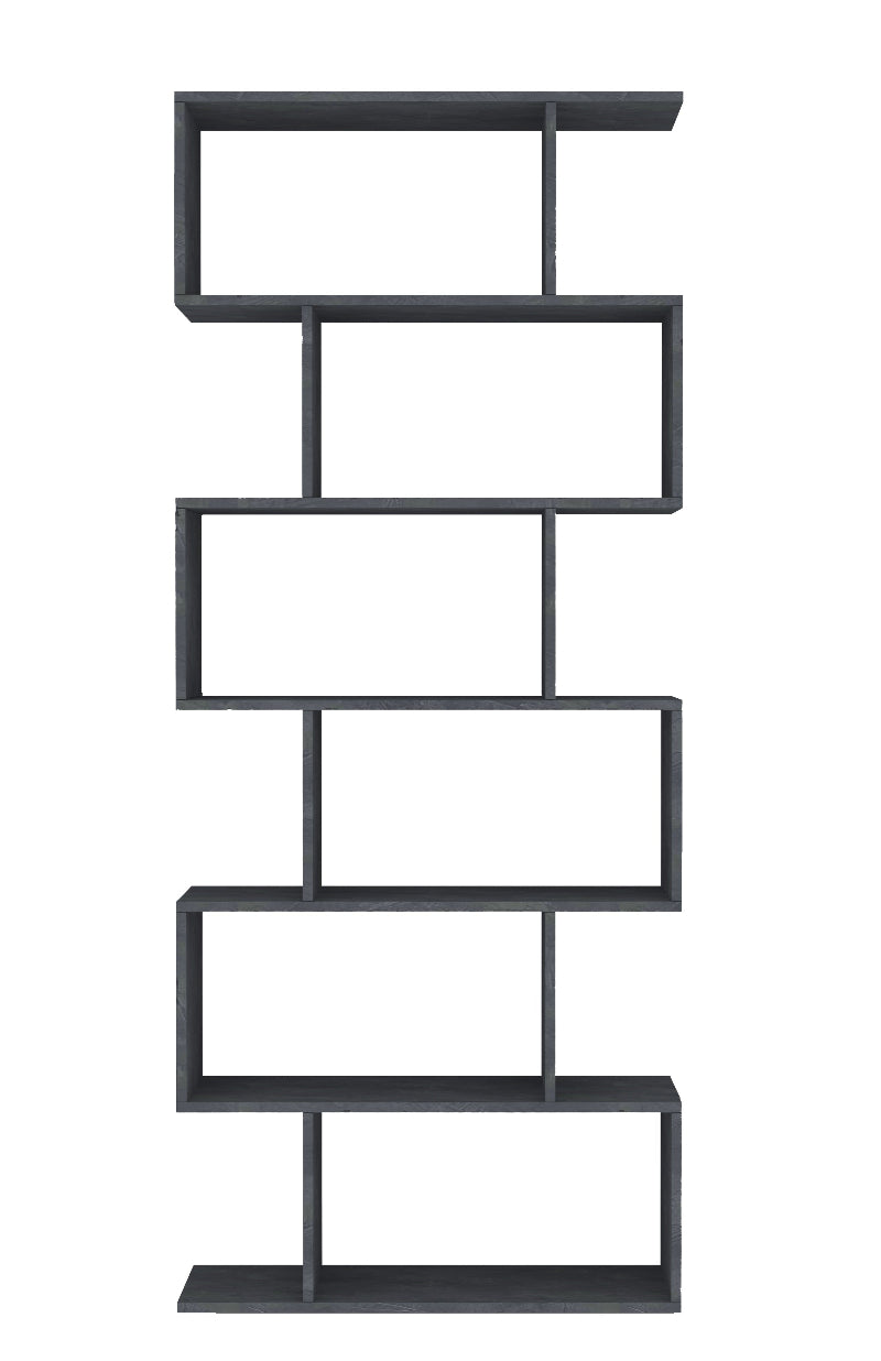 CALLI Vertical Bookcase by Web Furniture, featuring a tall, narrow profile with multiple open shelves. Ideal for space-saving storage and decorative display in small offices or living areas. Front view, report.