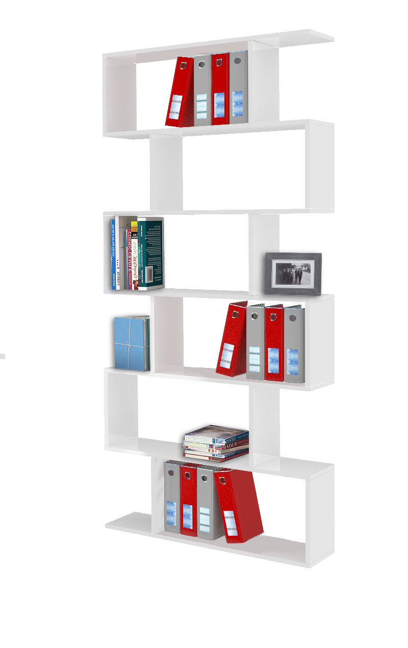 CALLI Vertical Bookcase by Web Furniture, featuring a tall, narrow profile with multiple open shelves. Ideal for space-saving storage and decorative display in small offices or living areas. Full shelf, glossy white.