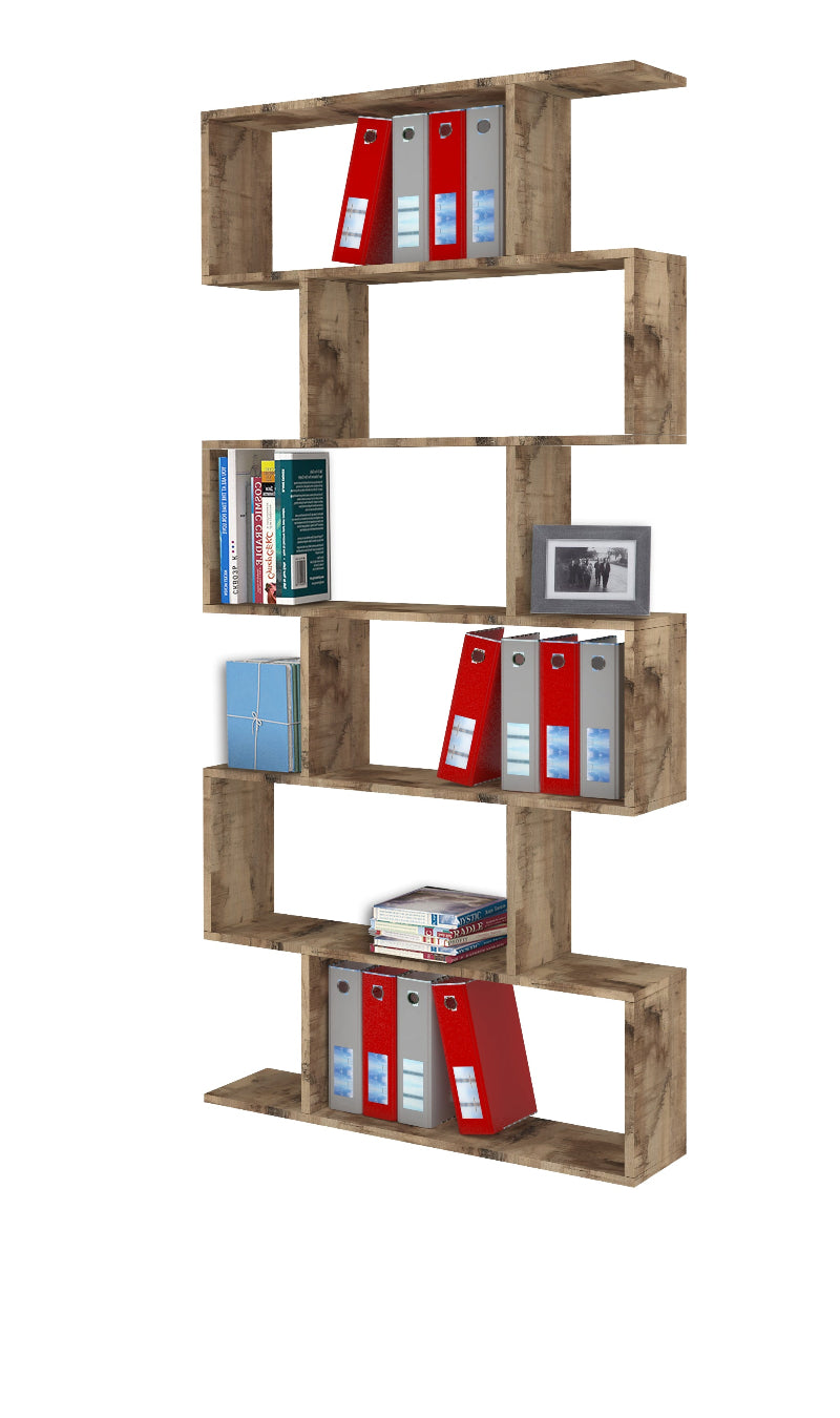 CALLI Vertical Bookcase by Web Furniture, featuring a tall, narrow profile with multiple open shelves. Ideal for space-saving storage and decorative display in small offices or living areas. Full shelf. Pereira maple.