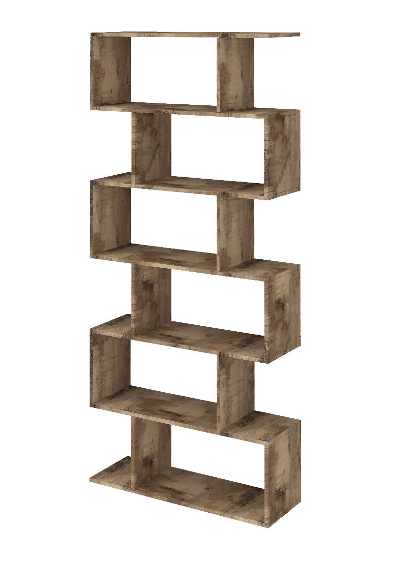 CALLI Vertical Bookcase by Web Furniture, featuring a tall, narrow profile with multiple open shelves. Ideal for space-saving storage and decorative display in small offices or living areas. Pereira maple.