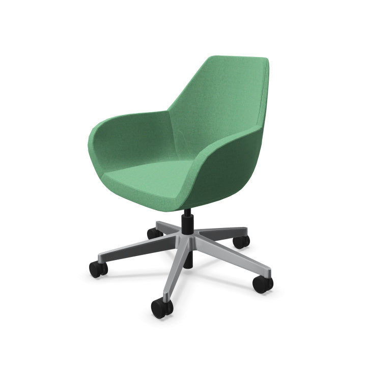 Modern Bip Easy Chair from EOL Furniture featuring a chrome 5-point star swivel base and low-back padded seating suitable for office or lounge use. Color Aqua Green