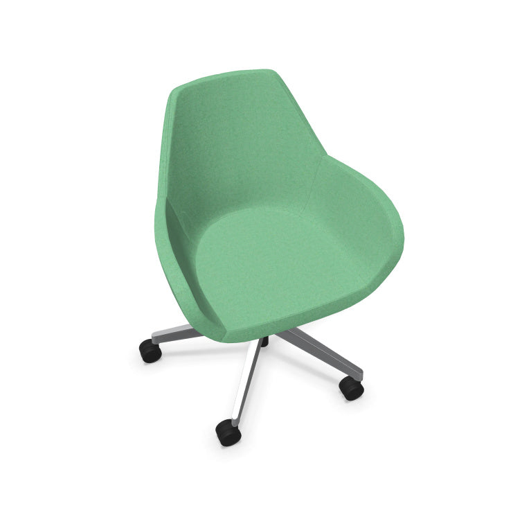 Modern Bip Easy Chair from EOL Furniture featuring a chrome 5-point star swivel base and low-back padded seating suitable for office or lounge use. Color aqua green. arial view 