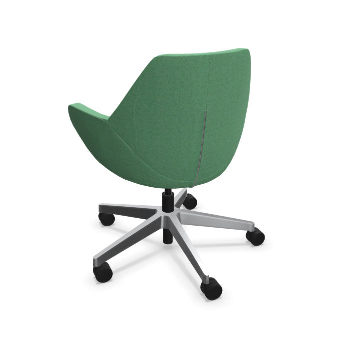 Modern Bip Easy Chair from EOL Furniture featuring a chrome 5-point star swivel base and low-back padded seating suitable for office or lounge use. Color aqua green. back side view