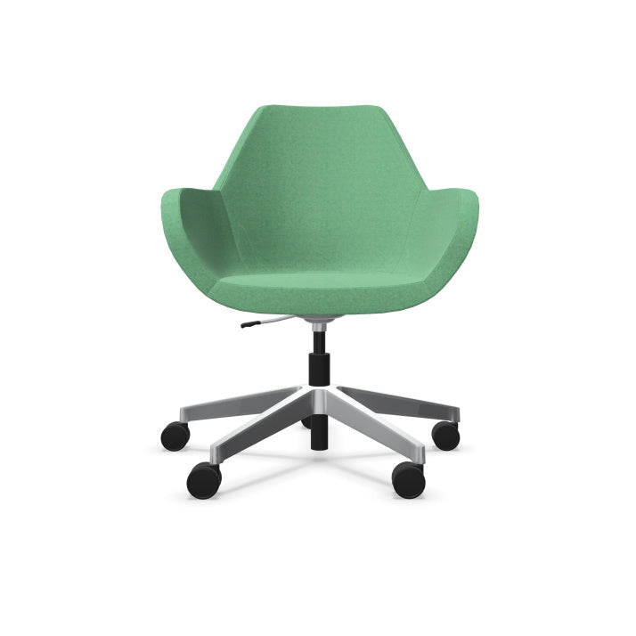 Modern Bip Easy Chair from EOL Furniture featuring a chrome 5-point star swivel base and low-back padded seating suitable for office or lounge use. Color aqua green. Front view
