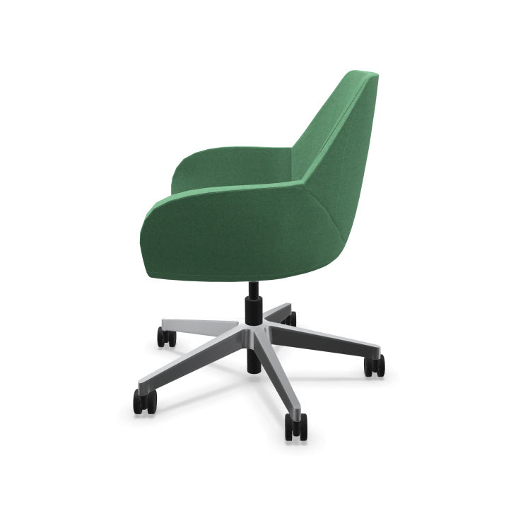 Modern Bip Easy Chair from EOL Furniture featuring a chrome 5-point star swivel base and low-back padded seating suitable for office or lounge use. Color aqua green. side view 