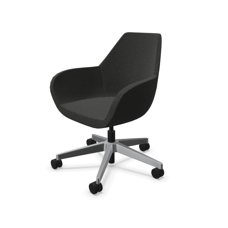 Modern Bip Easy Chair from EOL Furniture featuring a chrome 5-point star swivel base and low-back padded seating suitable for office or lounge use. Color mottled graphite grey  